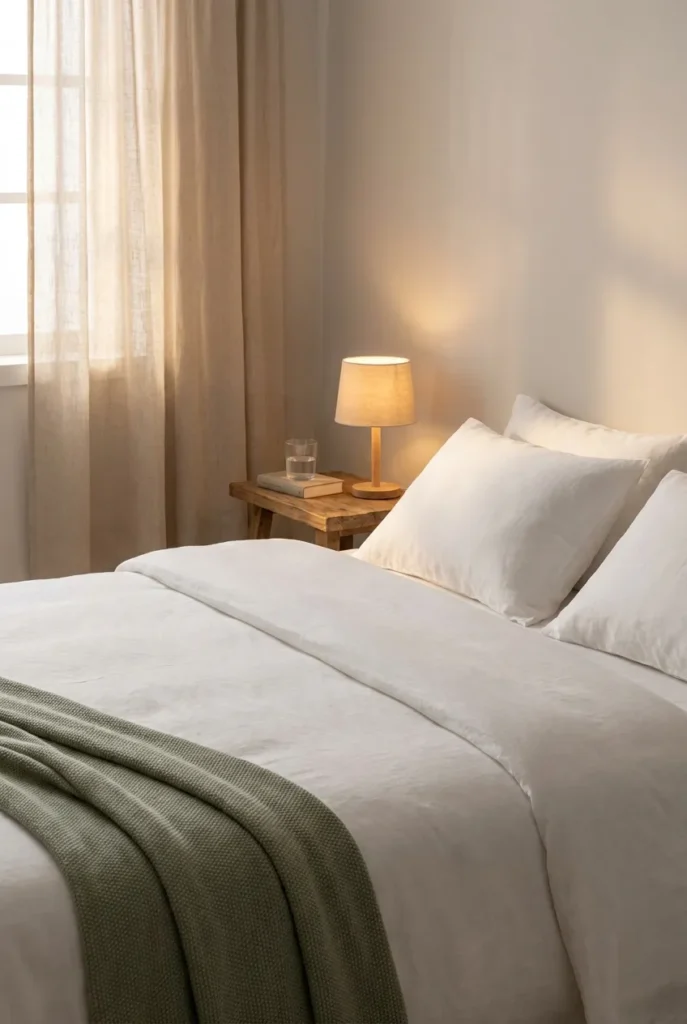bedroom reset routine result, a made bed with warm lamp and folded throw at dusk