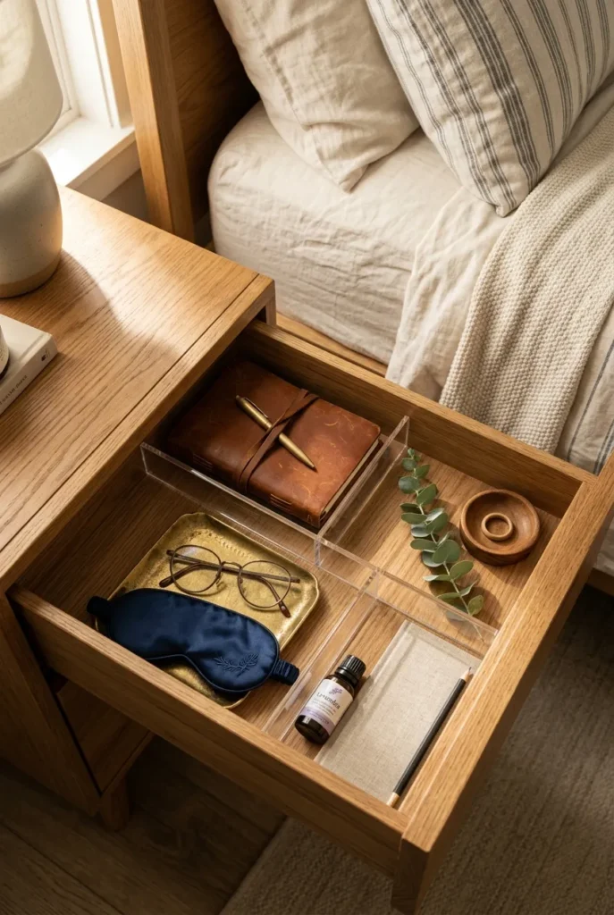 Bedside drawer organization with clear acrylic dividers and journal in oak nightstand