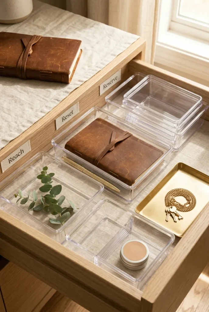 Bedside drawer organization 3-Layer Method Reach Reset Reserve labeled Pinterest pin
