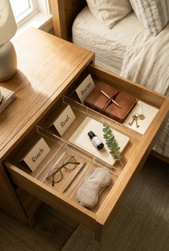 Three-zone bedside drawer organization layout labeled Reach Reset Reserve