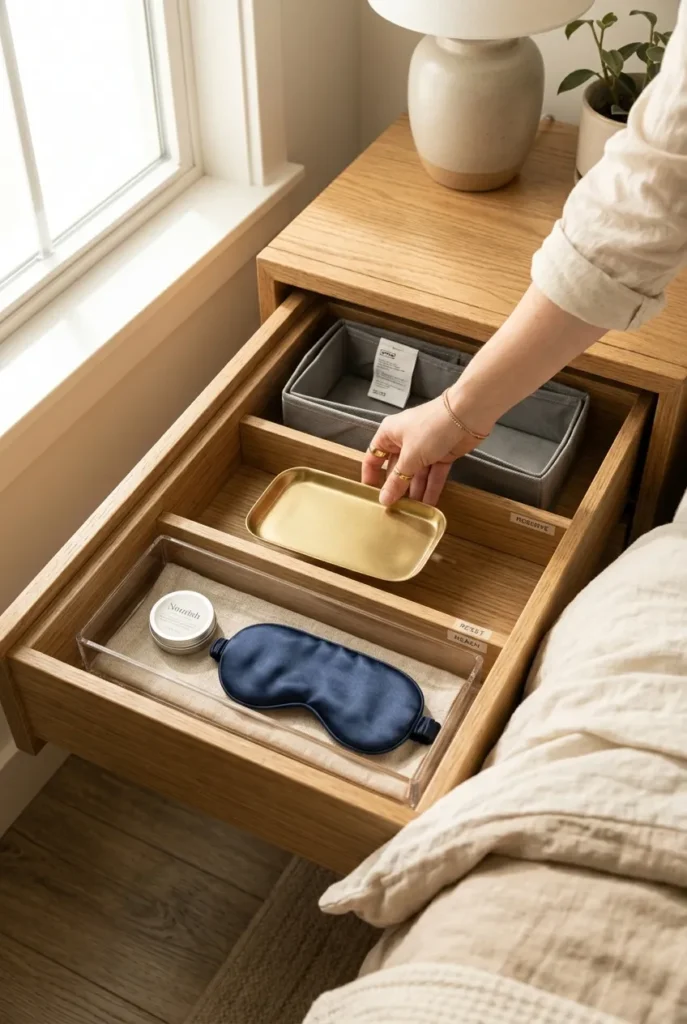 30 minute bedside drawer organization setup loading brass tray into Reset zone