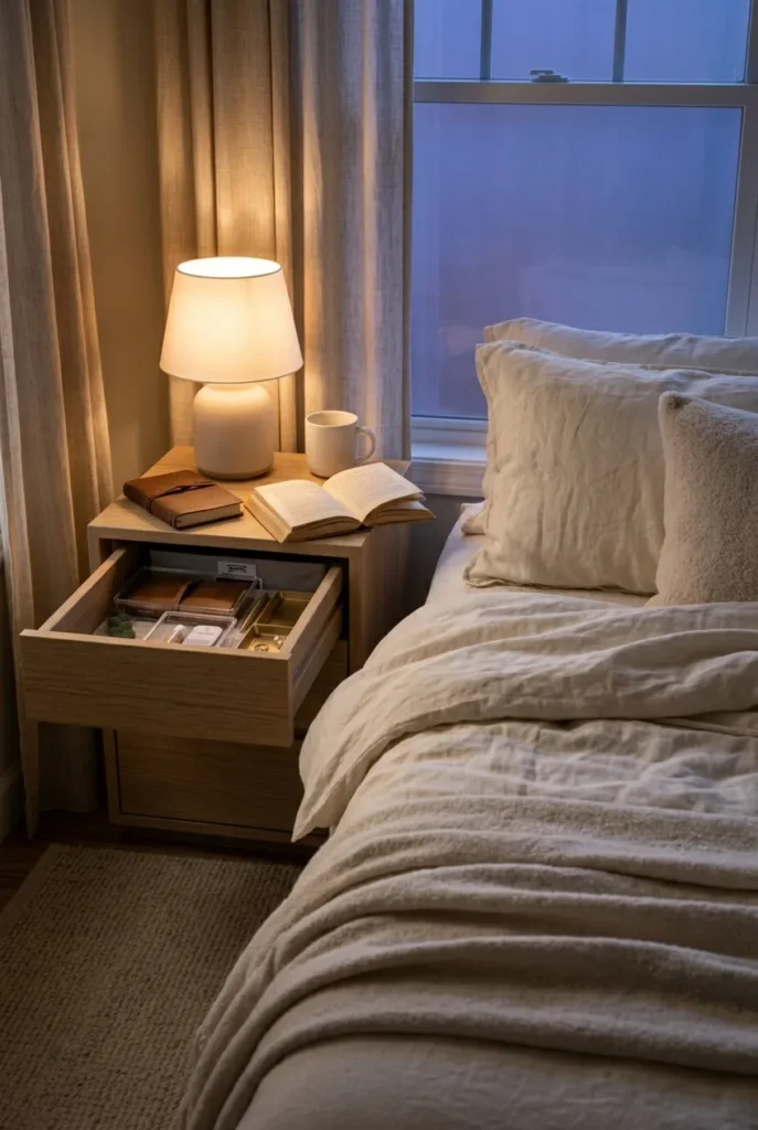 Cozy bedroom with organized bedside drawer slightly open showing clear bins at evening