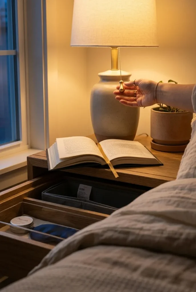 Cozy bedroom evening reset reaching for lamp above organized bedside drawer