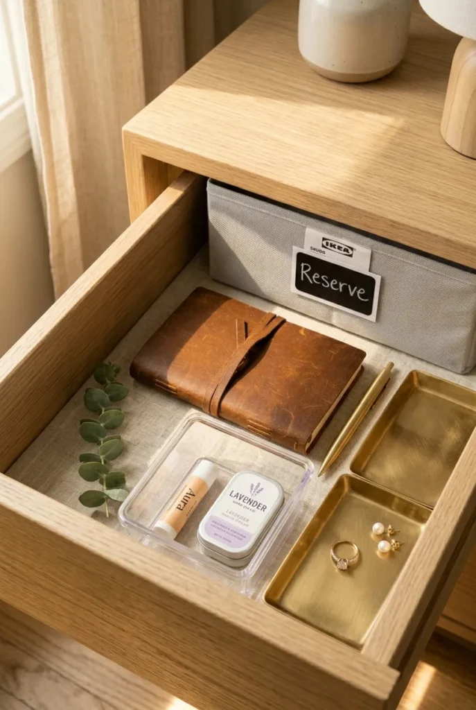 Finished aesthetic bedside drawer organization at golden hour with brass tray and labels