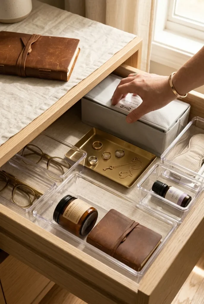 Organizing bedside drawer Layer 3 Reserve Zone with labeled fabric storage box