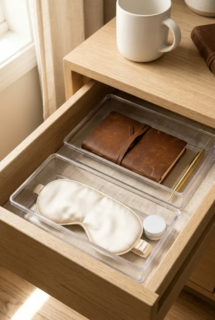 Small bedside drawer organization with two-bin mini method in slim nightstand