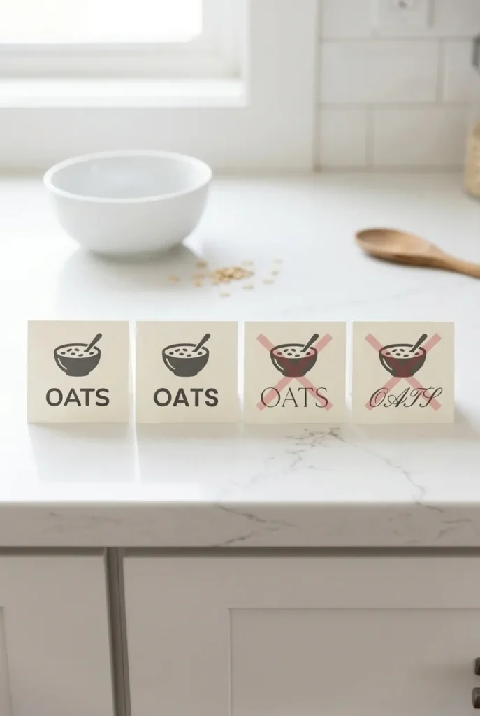 Font comparison for DIY pantry labels kids can read showing Nunito Bold and Poppins that work versus serif and script to avoid