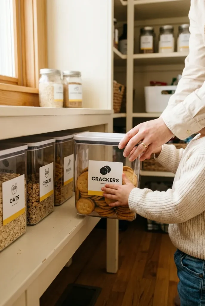 Child helping press DIY pantry labels kids can read onto a clear bin on a low pantry shelf with parent helping