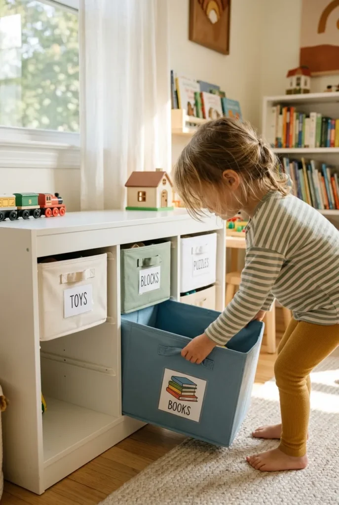 Chore chart age 4 visual: child pulling labeled bin from IKEA Trofast shelf in sunlit playroom, soft pastels
