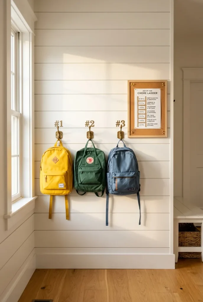 Chore chart by age pinned beside numbered mudroom hooks, bright organized family entryway, morning light