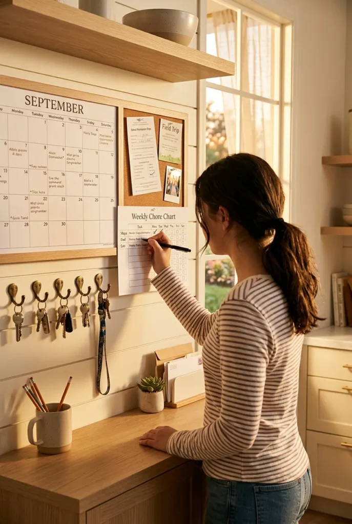 Chore chart for teens at kitchen command center wall, teen writing weekly tasks in golden hour light