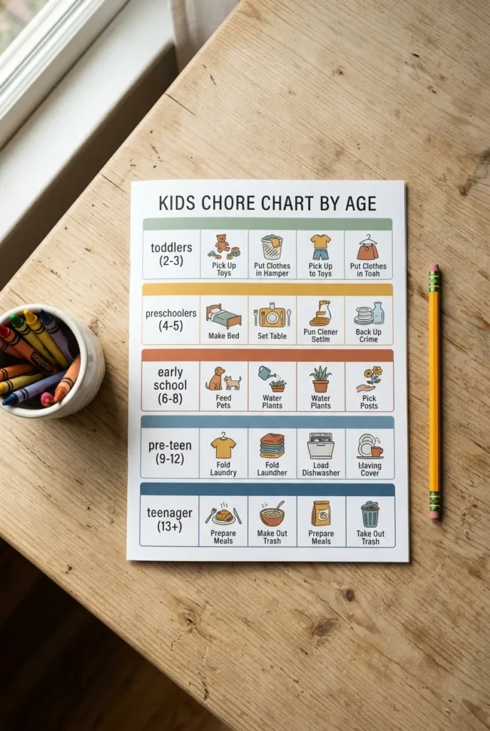 Chore chart printable by age laid flat on light wood table with pencil and crayons, natural overhead daylight