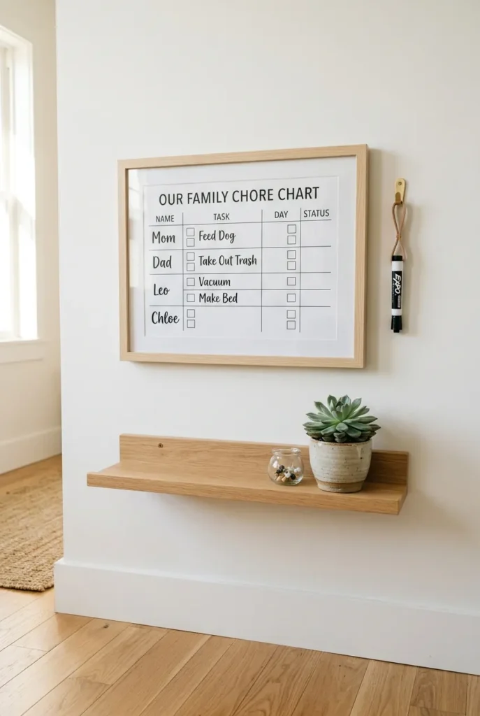 Chore chart printable in light wood IKEA frame on white wall with dry-erase marker, organized entryway morning light