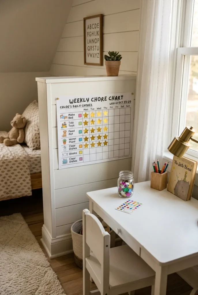 Kids chore chart printable on bedroom wall with gold star sticker reward system, organized cozy room, afternoon light