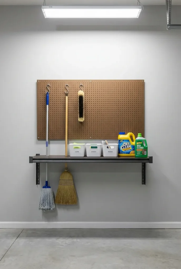 cleaning supplies storage garage wall with pegboard hooks for mop broom and labeled bins for outdoor heavy duty cleaners