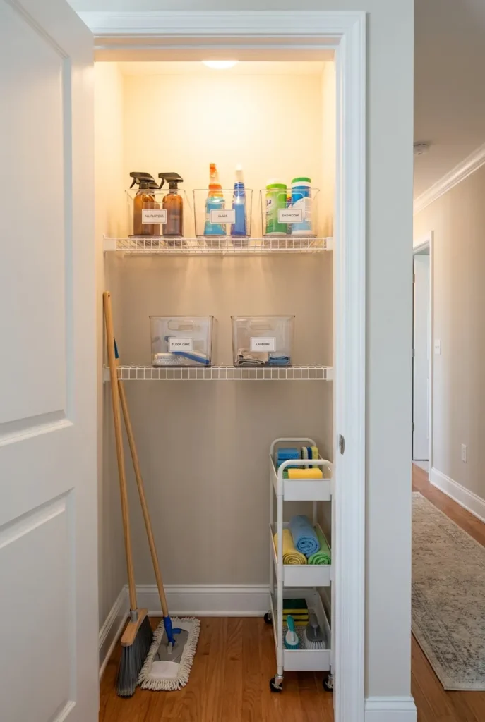 cleaning supplies storage hallway closet converted to cleaning station with wire shelves labeled clear bins and broom