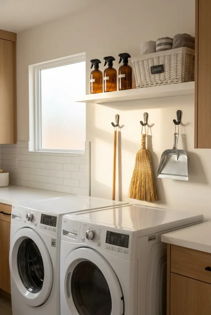 cleaning supplies storage laundry room wall with floating shelf above washer dryer and wall hooks for broom mop dustpan