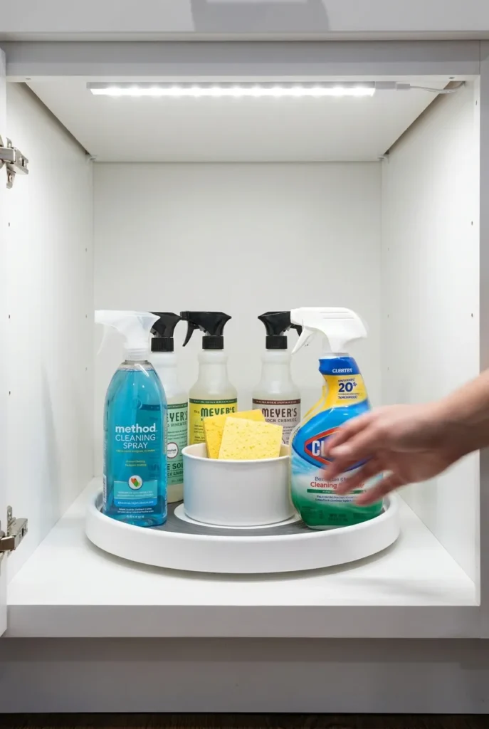 cleaning supplies storage lazy Susan inside deep kitchen cabinet with spray bottles facing outward and hand spinning turntable