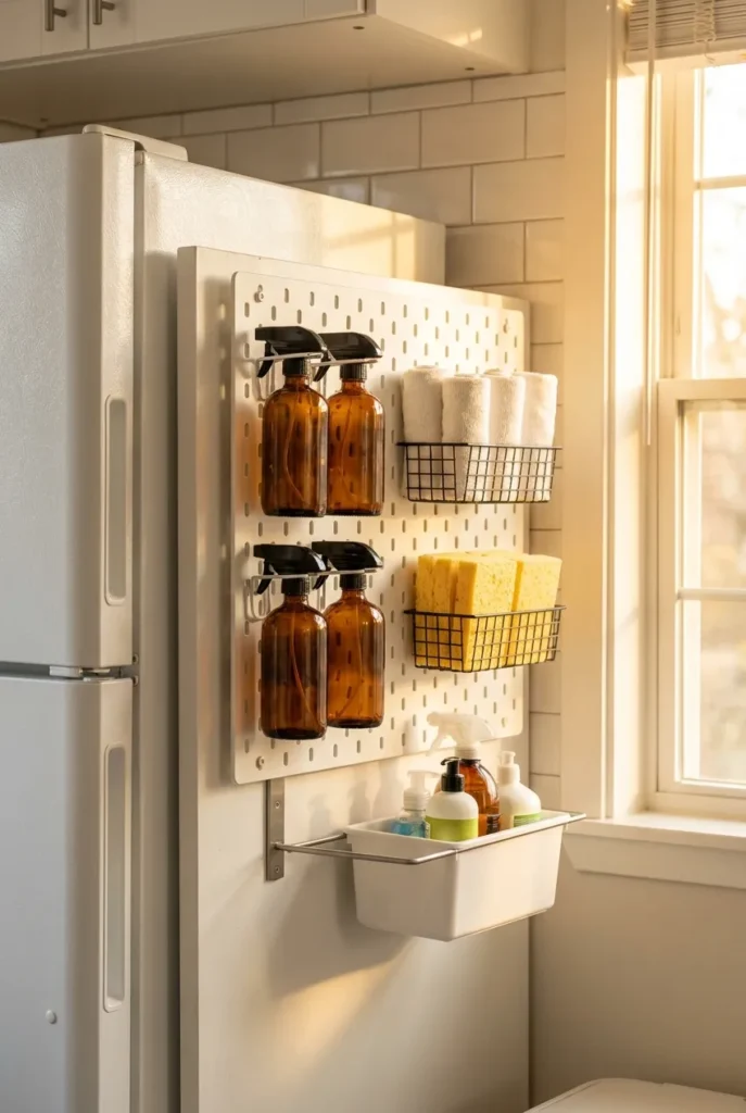 cleaning supplies storage no closet pegboard station in small apartment kitchen corner with spray bottle hooks and bins