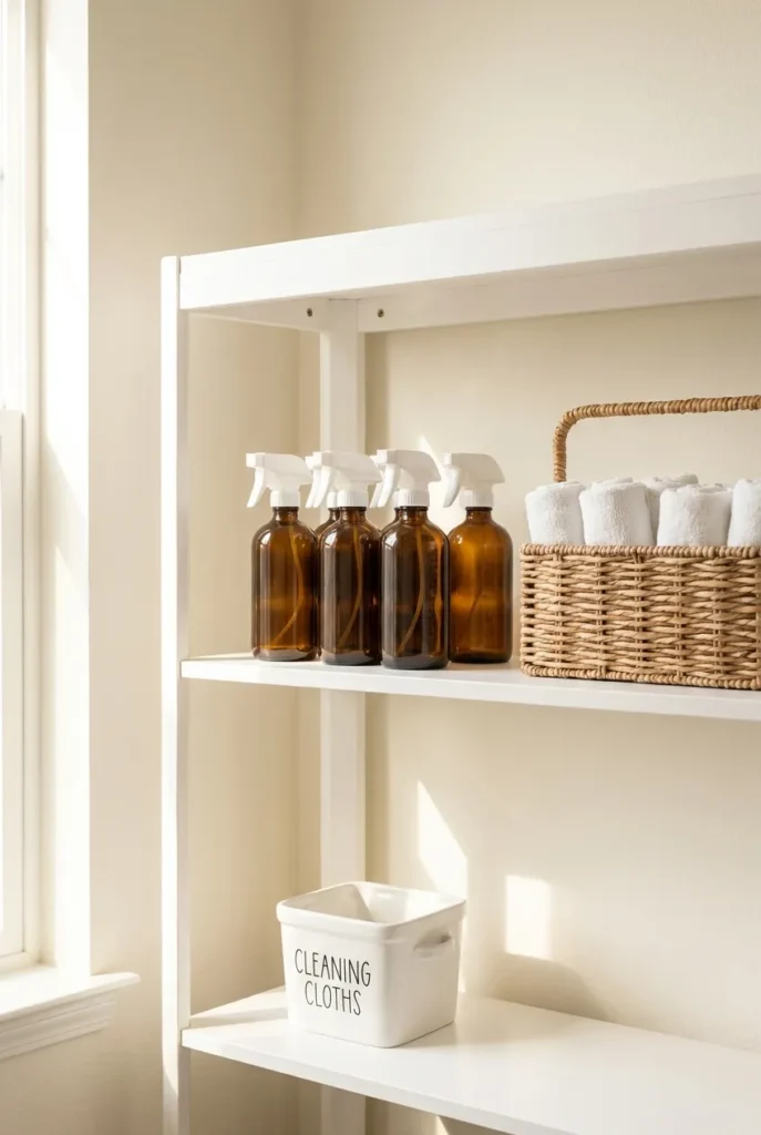cleaning supplies storage ideas on white open shelving with amber spray bottles and wicker caddy in warm natural light