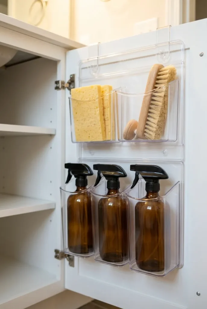 cleaning supplies storage over-the-door organizer inside bathroom cabinet with spray bottles and sponges in pockets