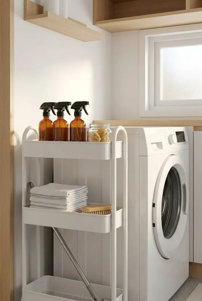 cleaning supplies storage on white rolling utility cart beside washing machine in bright laundry room