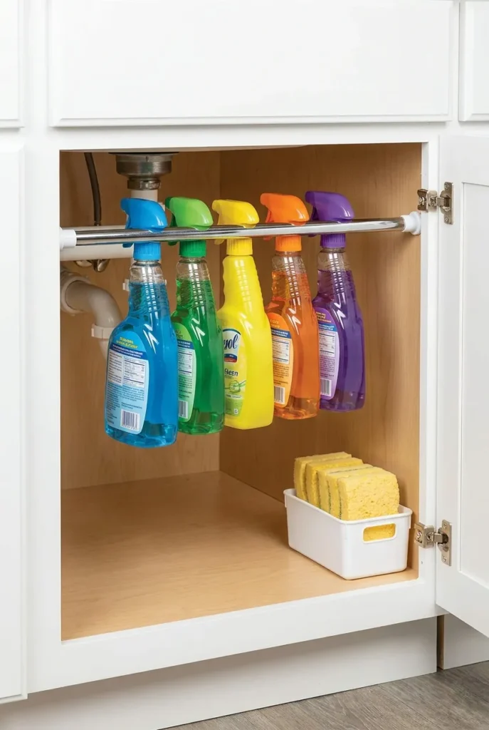 cleaning supplies storage tension rod under kitchen sink with spray bottles hanging from trigger handles clearing cabinet floor