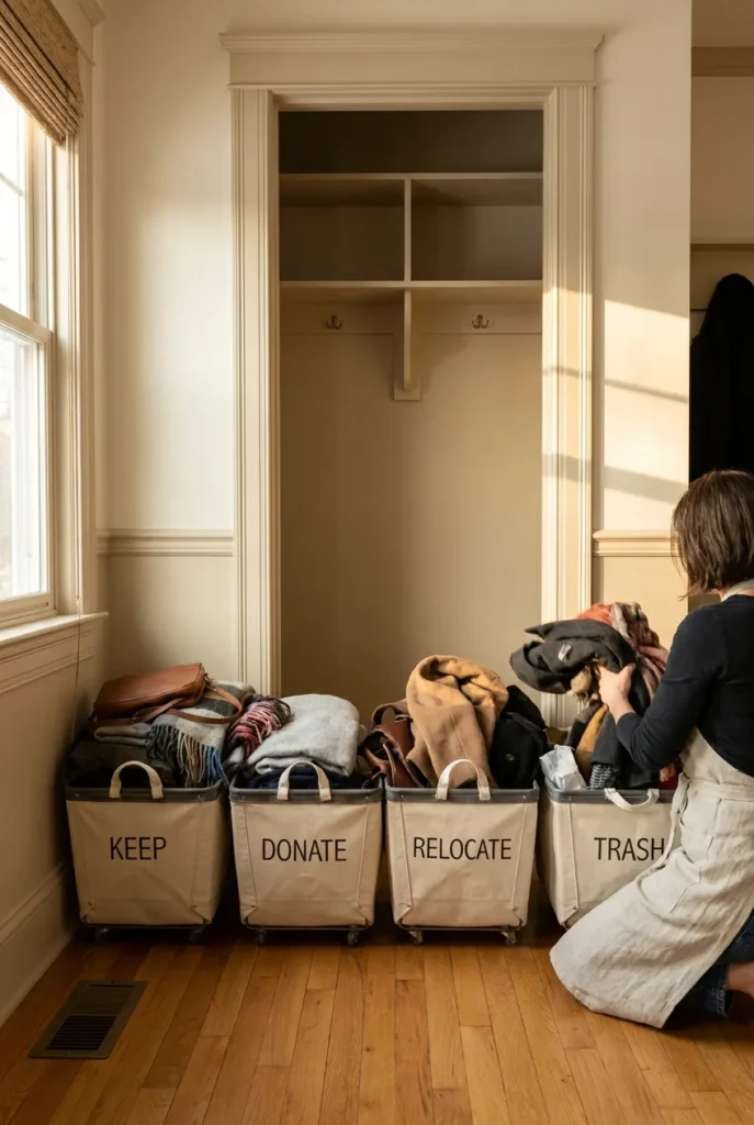 Coat closet organization starts by emptying and sorting coats into four totes