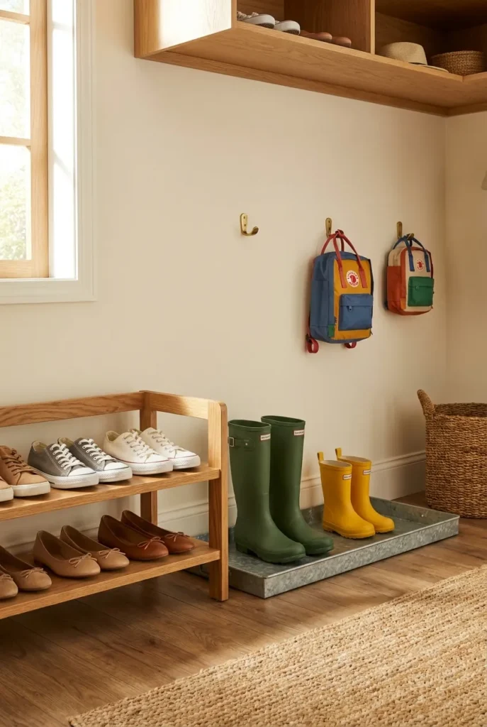 Coat closet organization for shoes with a two-tier rack and a boot tray