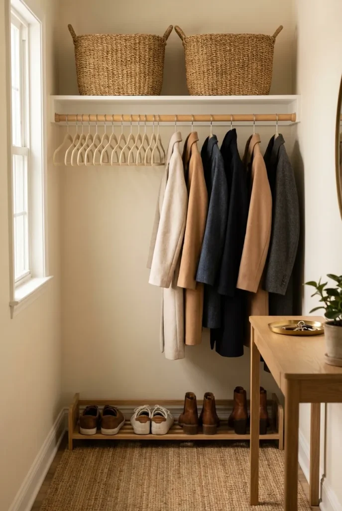 Coat closet organization in a bright front hall with hung coats and baskets