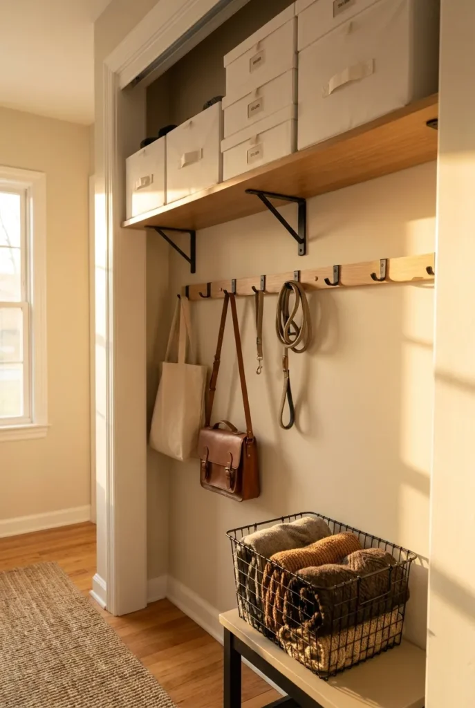 Budget IKEA coat closet organization ideas with Skubb boxes and wall hooks