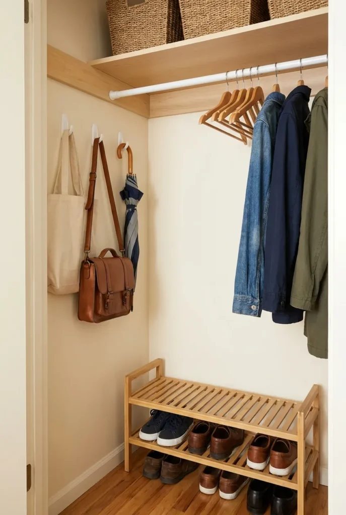 No-drill coat closet organization for renters with Command hooks and a tension rod