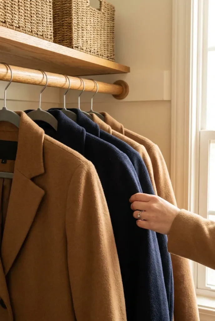 Daily coats on slim velvet hangers for easy coat closet organization