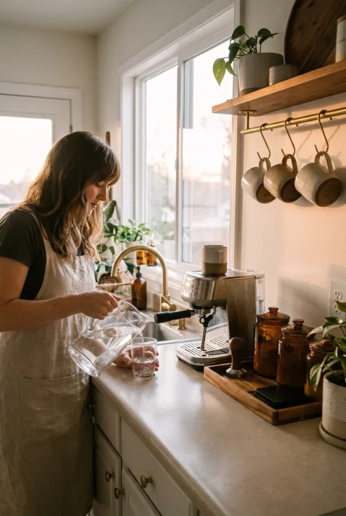 Woman pouring water at finished coffee and hydration station in cozy morning kitchen