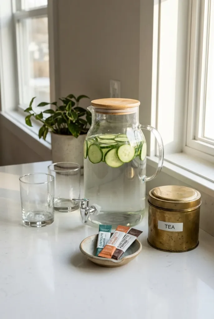 Hydration station with glass water pitcher tumblers electrolyte packets and tea tin on kitchen counter