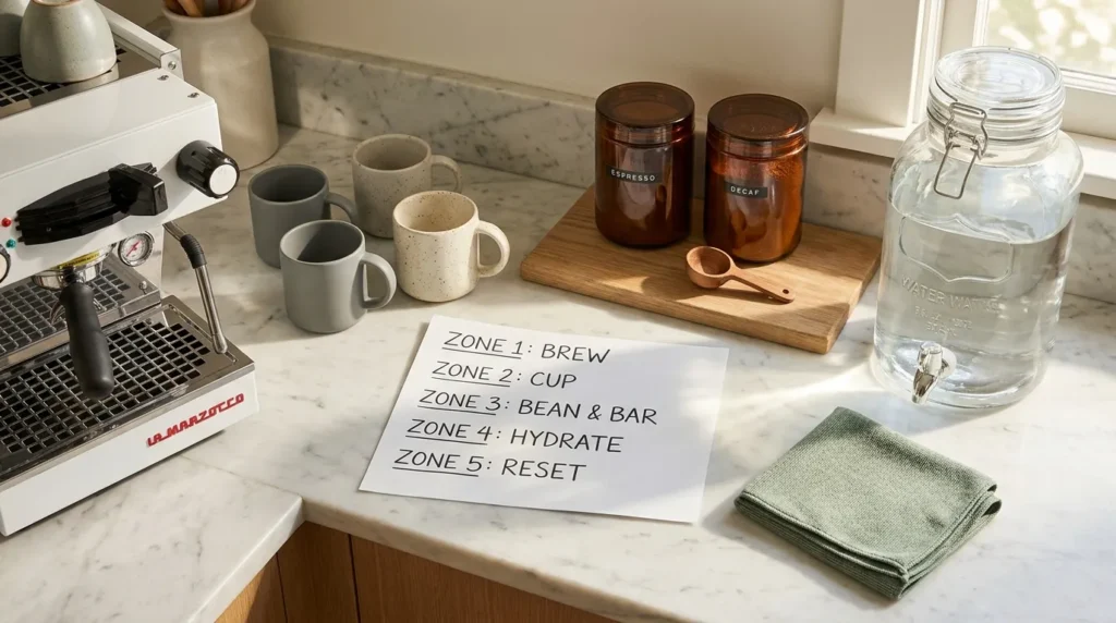 Coffee station organization showing 5 zones brew cup bean hydrate and reset on kitchen counter