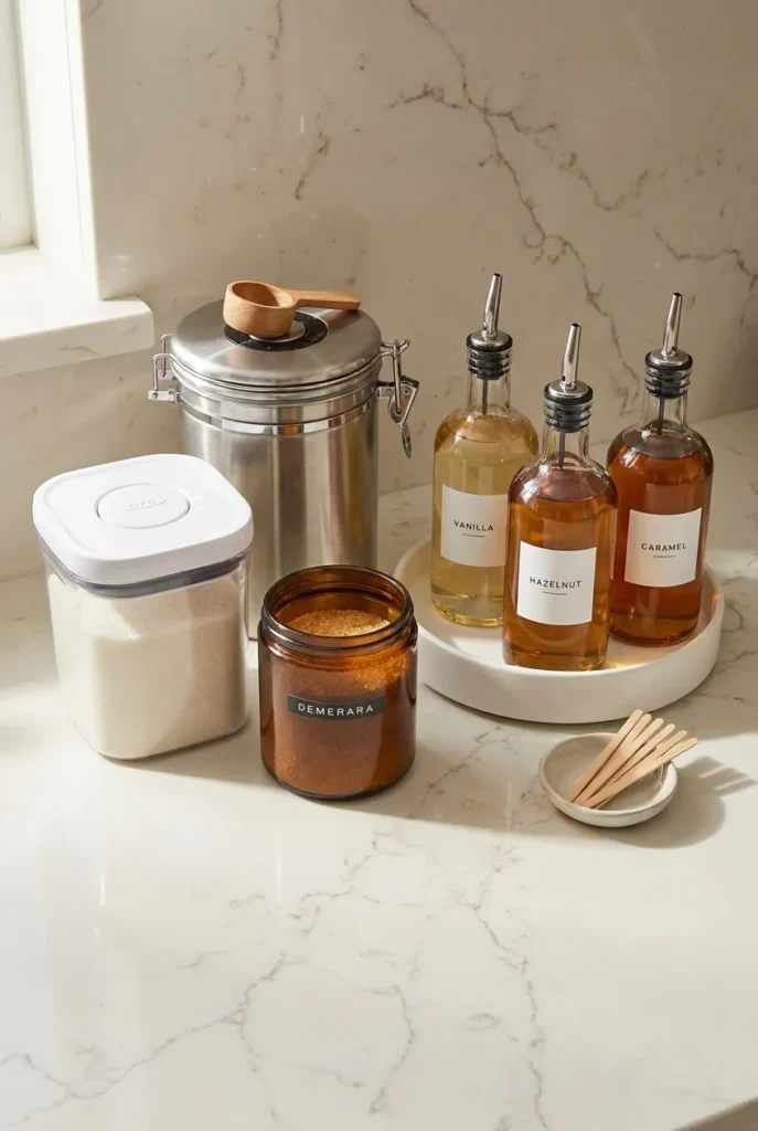 Coffee station bean and bar zone with airtight canister sugar jar and lazy Susan for syrups