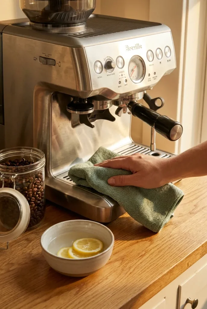 Cleaning espresso machine with microfiber cloth as part of weekly coffee station reset