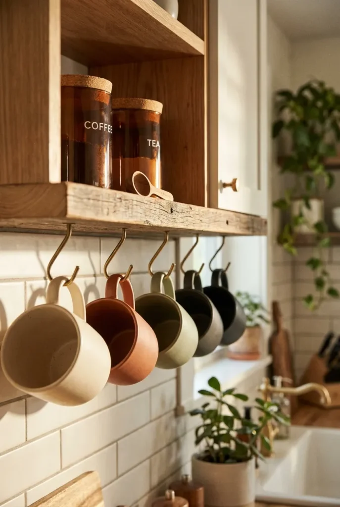 Coffee station mug storage with brass hooks under floating wood shelf for small kitchens