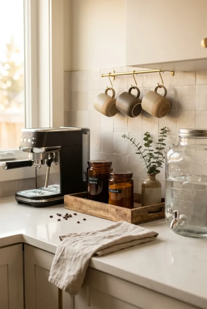 Coffee station organization with espresso machine, water dispenser, mugs on brass hooks, and amber canisters in morning light