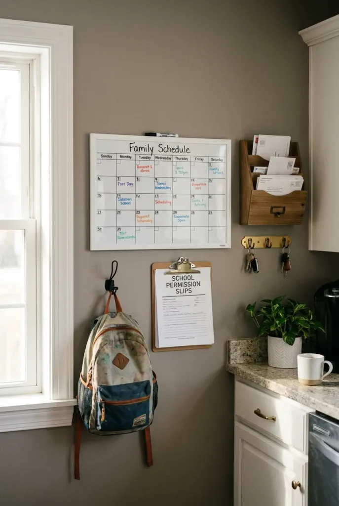 Family command center beside the backpack storage station with calendar and mail slots