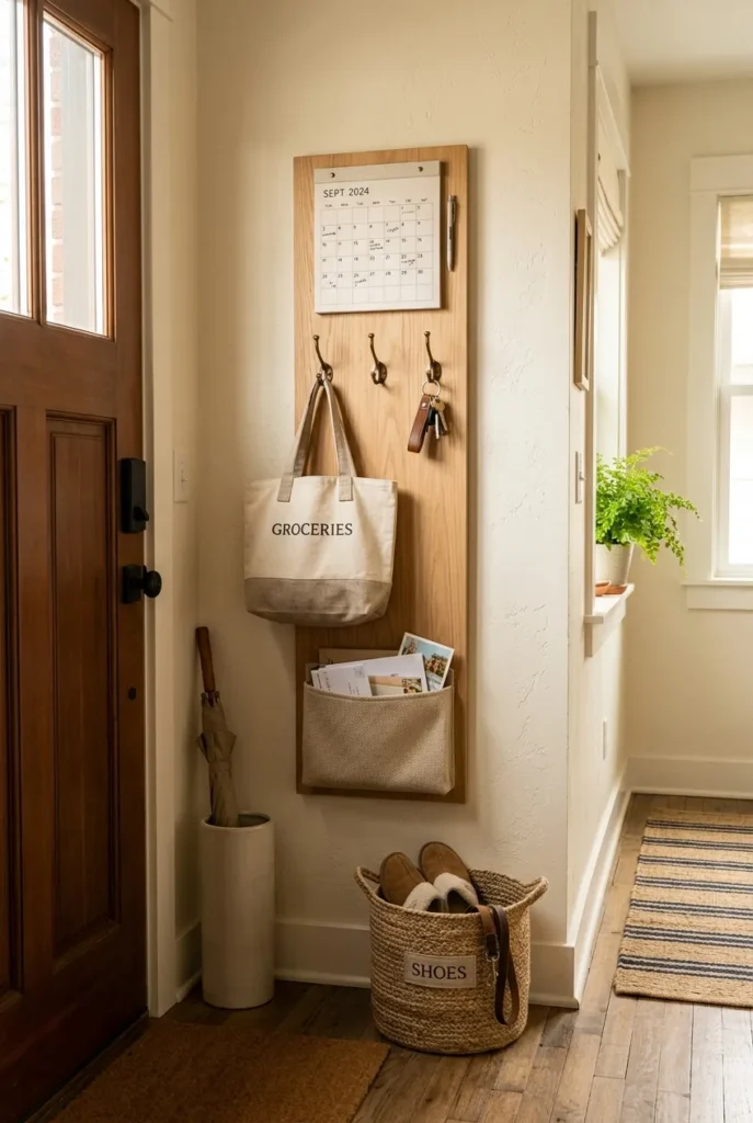 Command center wall for small spaces beside an apartment front door with calendar, hooks, and mail pocket