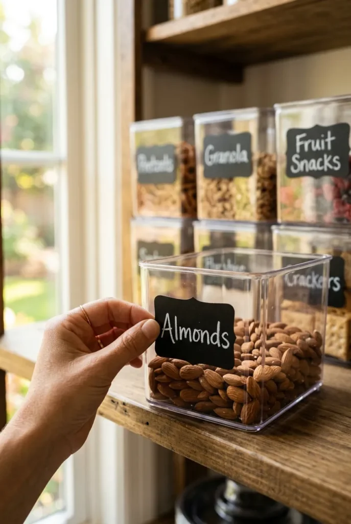 Creative label ideas for snack drawer organization with chalkboard bin labels