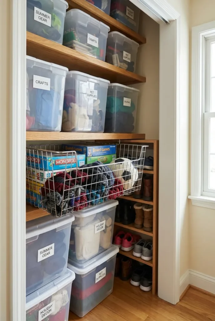 Deep hallway closet organization with a pull-out wire basket and labeled bins reaching the back wall.