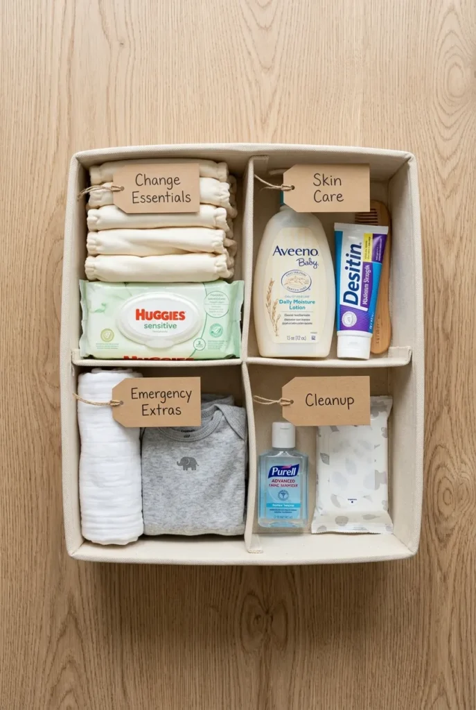 Diaper caddy organization using the 4-Slot Caddy Method with labeled zones for diapers, wipes, skin care, and extras