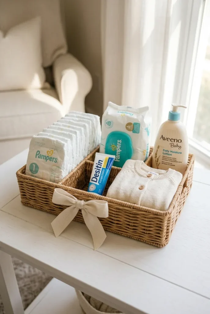 Diaper caddy organization as a baby shower gift with diapers, wipes, diaper cream, and onesie in wicker rope caddy