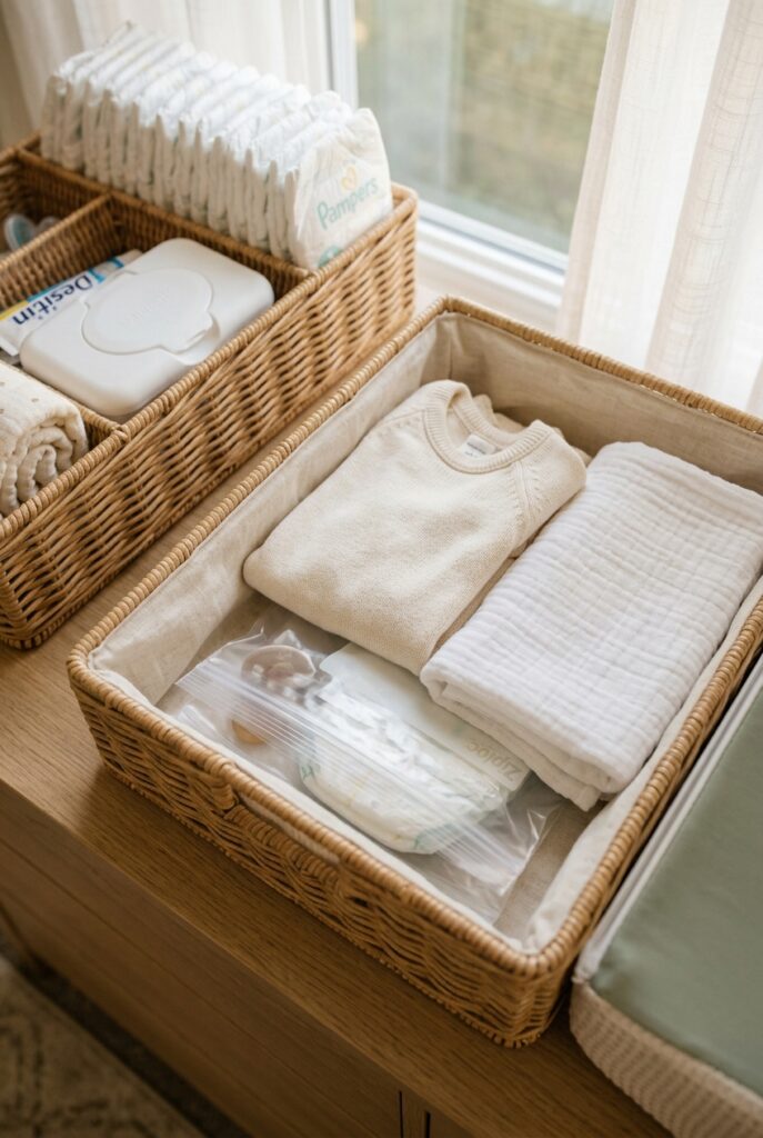 Diaper caddy organization emergency extras slot with spare onesie, burp cloth, and resealable bags