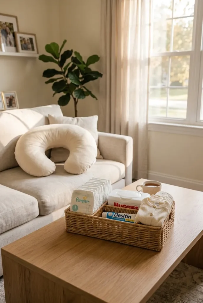 Diaper caddy organization for living room station with diapers, wipes, and spare onesie on coffee table beside couch