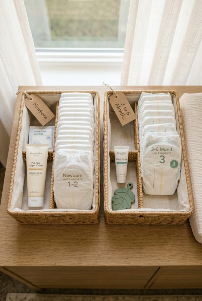 Diaper caddy organization comparison showing newborn vs 3 to 6 month restock evolution with stage-specific supplies