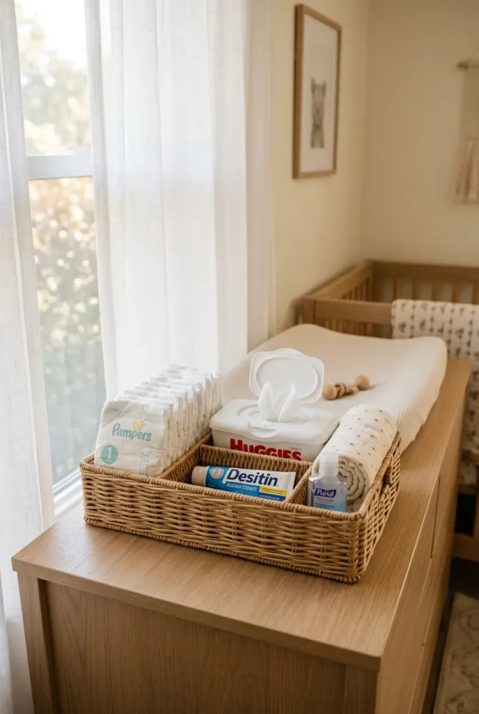 Diaper caddy organization on nursery changing table with diapers, wipes, cream, and hand sanitizer in morning light